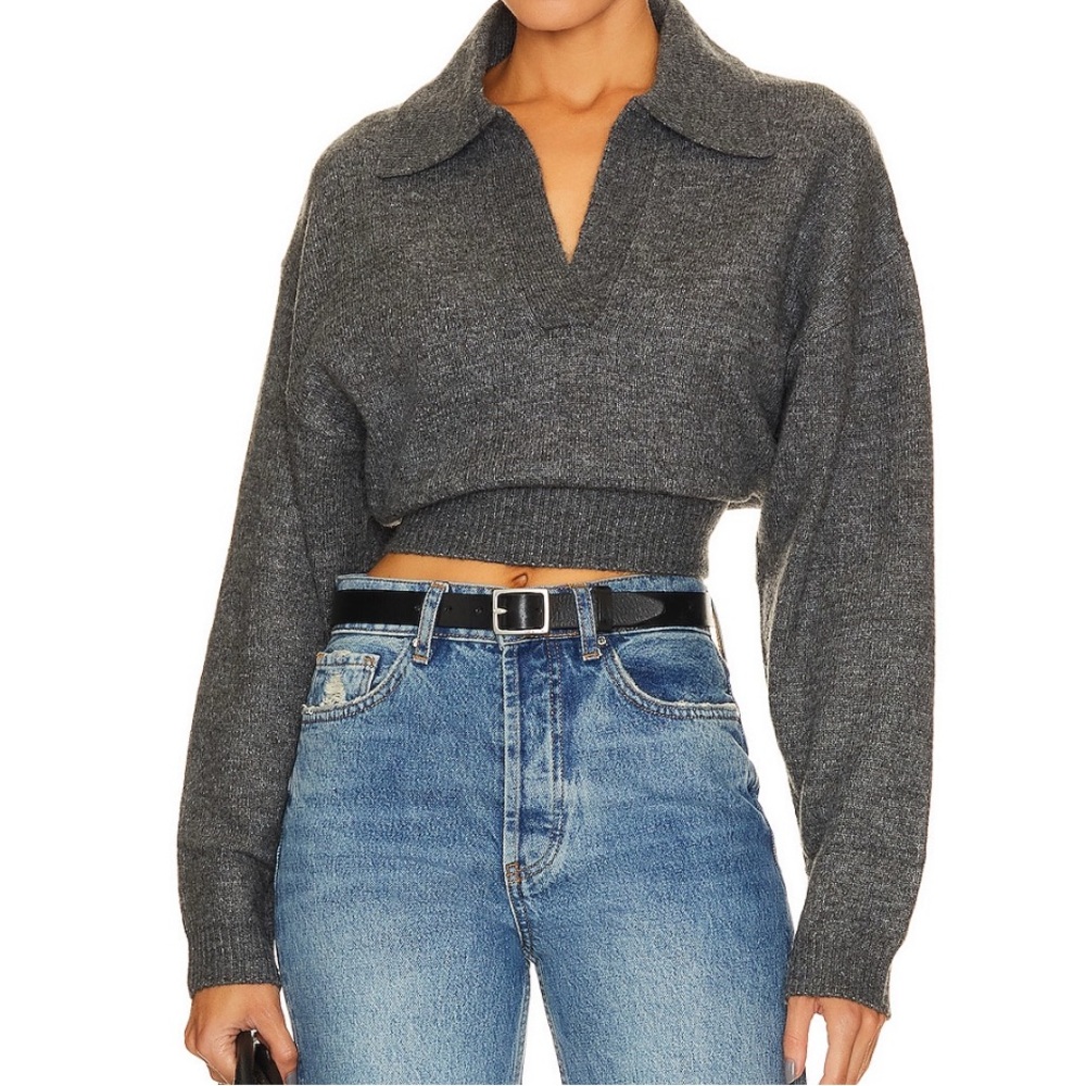 L’acadamie cropped Charcoal Gray Knit Polo Sweater
